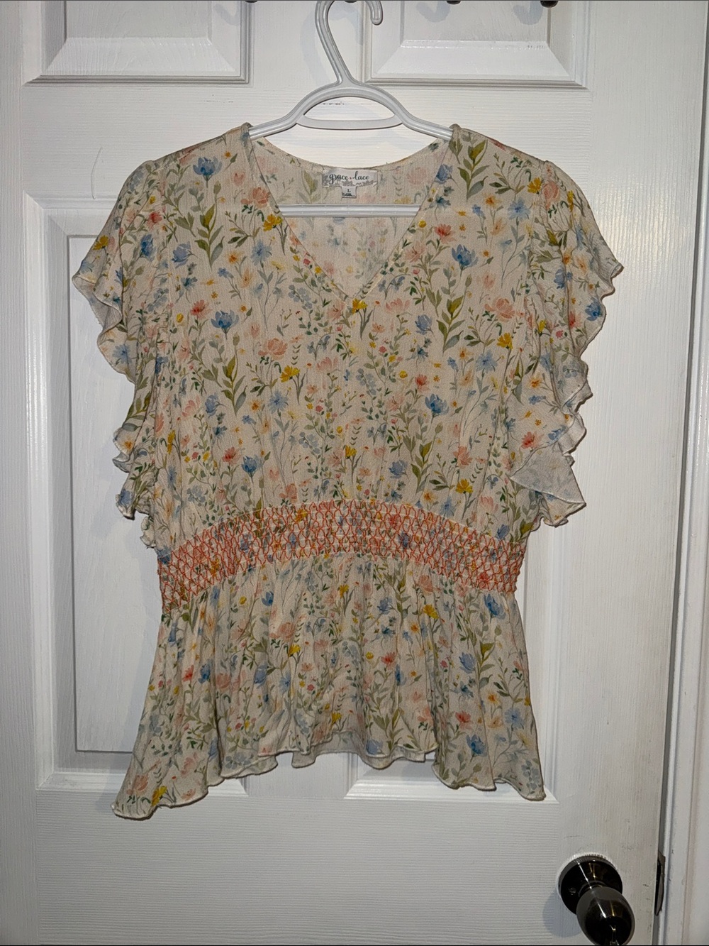 Grace & Lace Cream Floral Smocked-Waist Flutter Sleeve Blouse